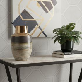 11" Brown & Bronze Striped Ceramic Round Table Vase – Metallic Accent 11" Brown & Bronze Striped Ceramic Round Table Vase – Metallic Accent